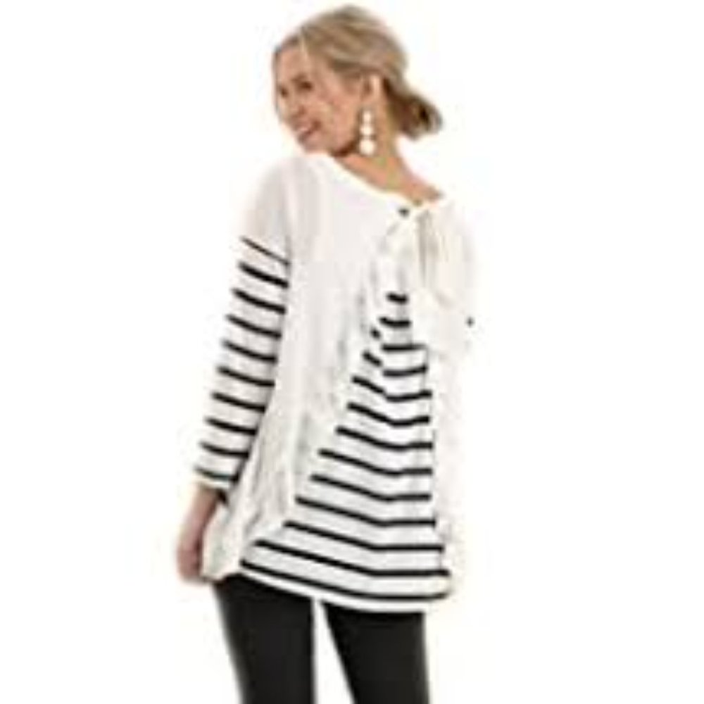 Umgee Black and White Stripe Long Sleeve Ruffle Tie Back Top Medium